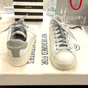 Golden goose size 35 white all star with silver back. Comes with box and pouch